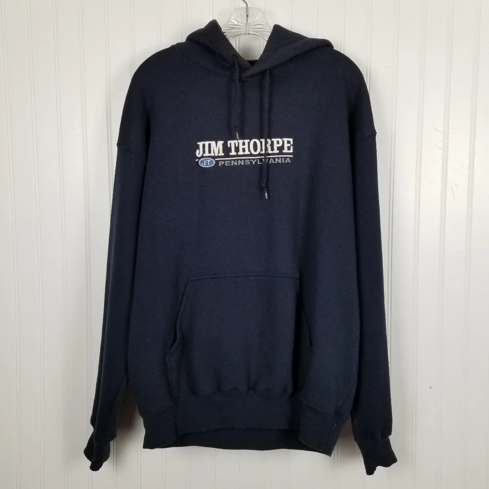 Jim Thorpe Pennsylvania JT Hoodie Sweatshirt Blue Heavy Weight Men's Size Large